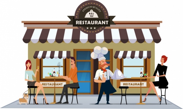 600x359 restaurant exterior drawing cook diners icons colored cartoon free - Exterior Drawing