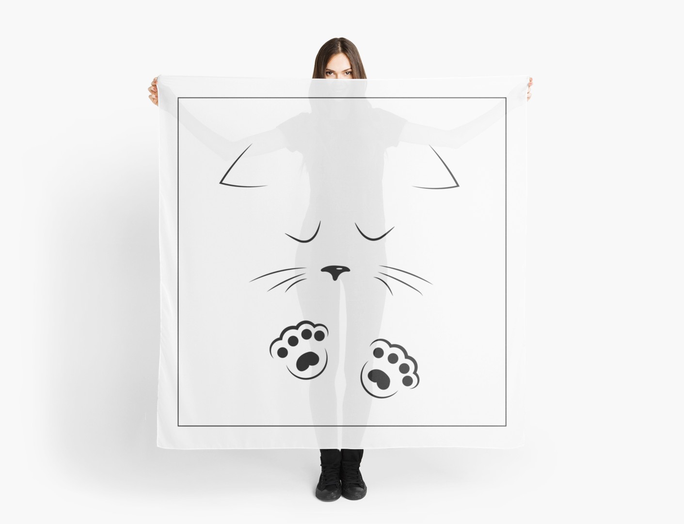 1411x1080 Black Outline Drawing Sad Cat Face With Paws Scarves - Face Outline Drawing