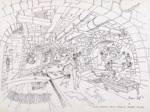 300x225 a harper goff drawing of the long tunnel for willy wonka - Factory Drawing