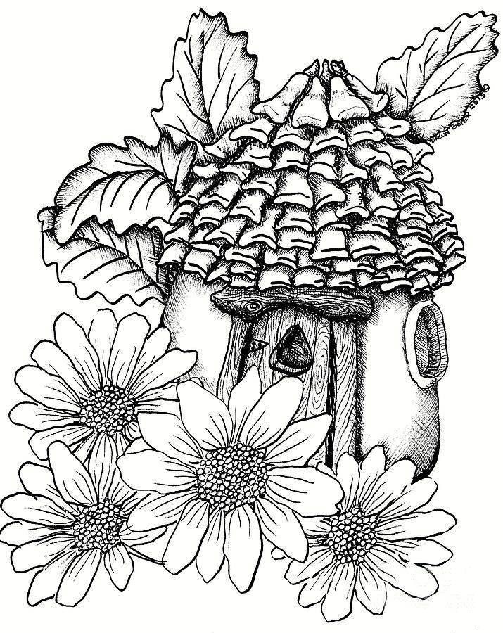 715x900 Fairy House With Pine Cone Roof And Daisies Drawing - Fairy House Drawing