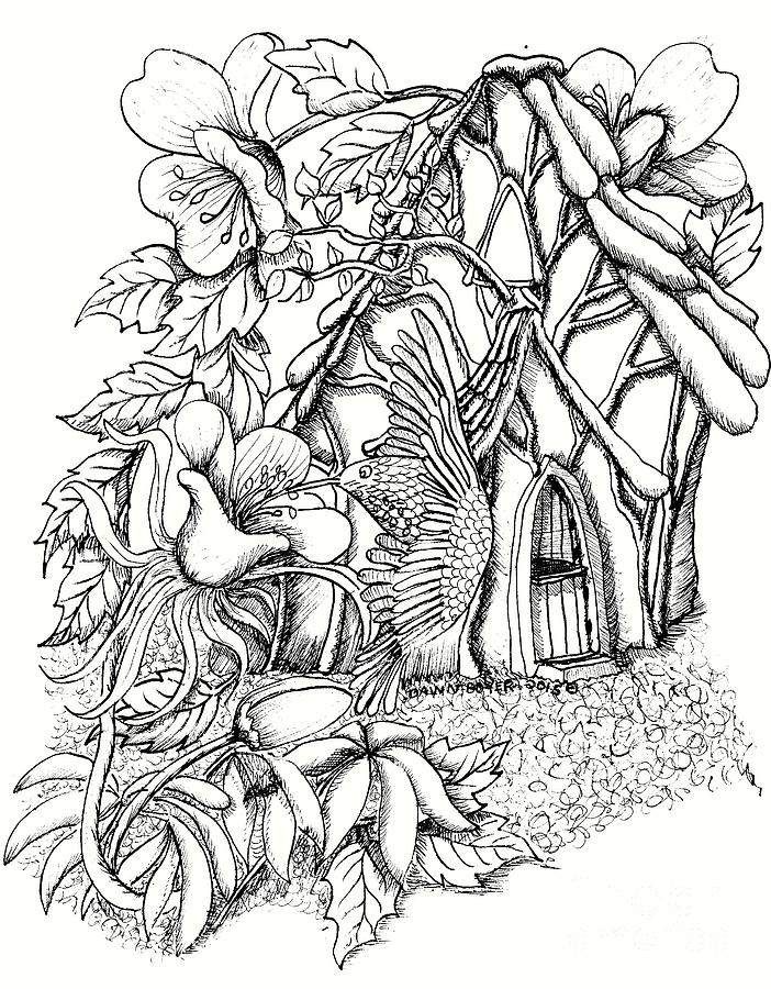702x900 Hummingbird Guardian With Fairy House Drawing - Fairy House Drawing