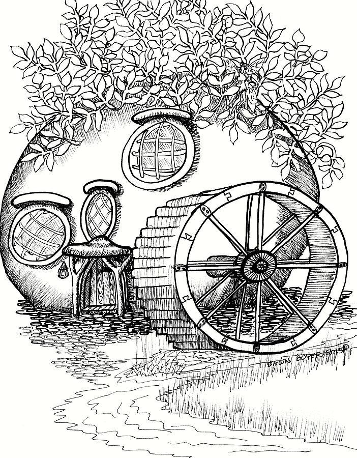702x900 Round Fairy House And Waterwheet Drawing - Fairy House Drawing