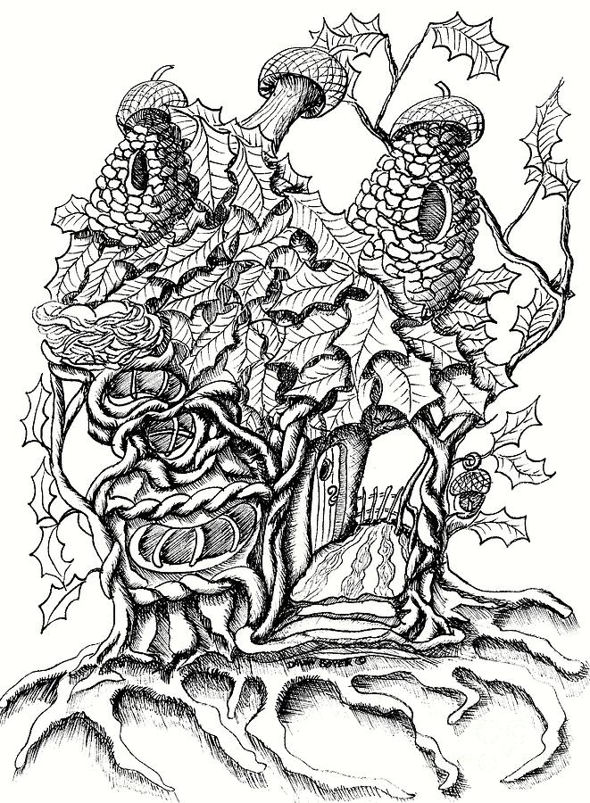 661x900 Twisted Willow Fairy House With Oak Leave Roof Drawing - Fairy House Drawing