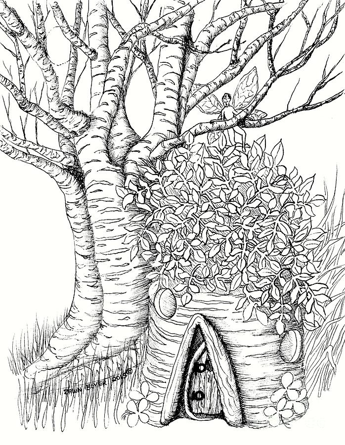 698x900 White Birch Stump Fairy House Drawing - Fairy House Drawing