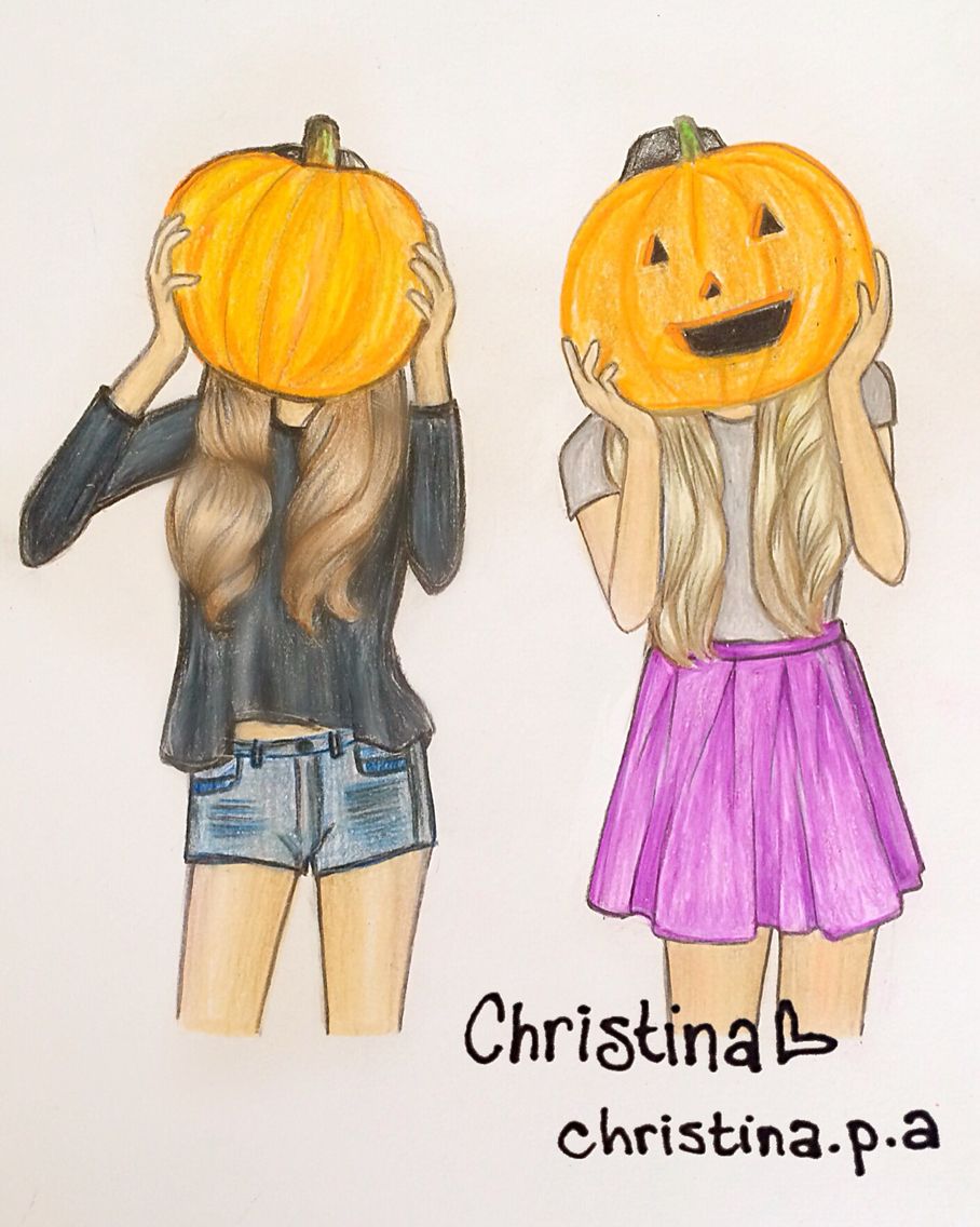 908x1136 fall drawing of best friends with pumpkins done with prismacolors - Fall Drawing Pictures