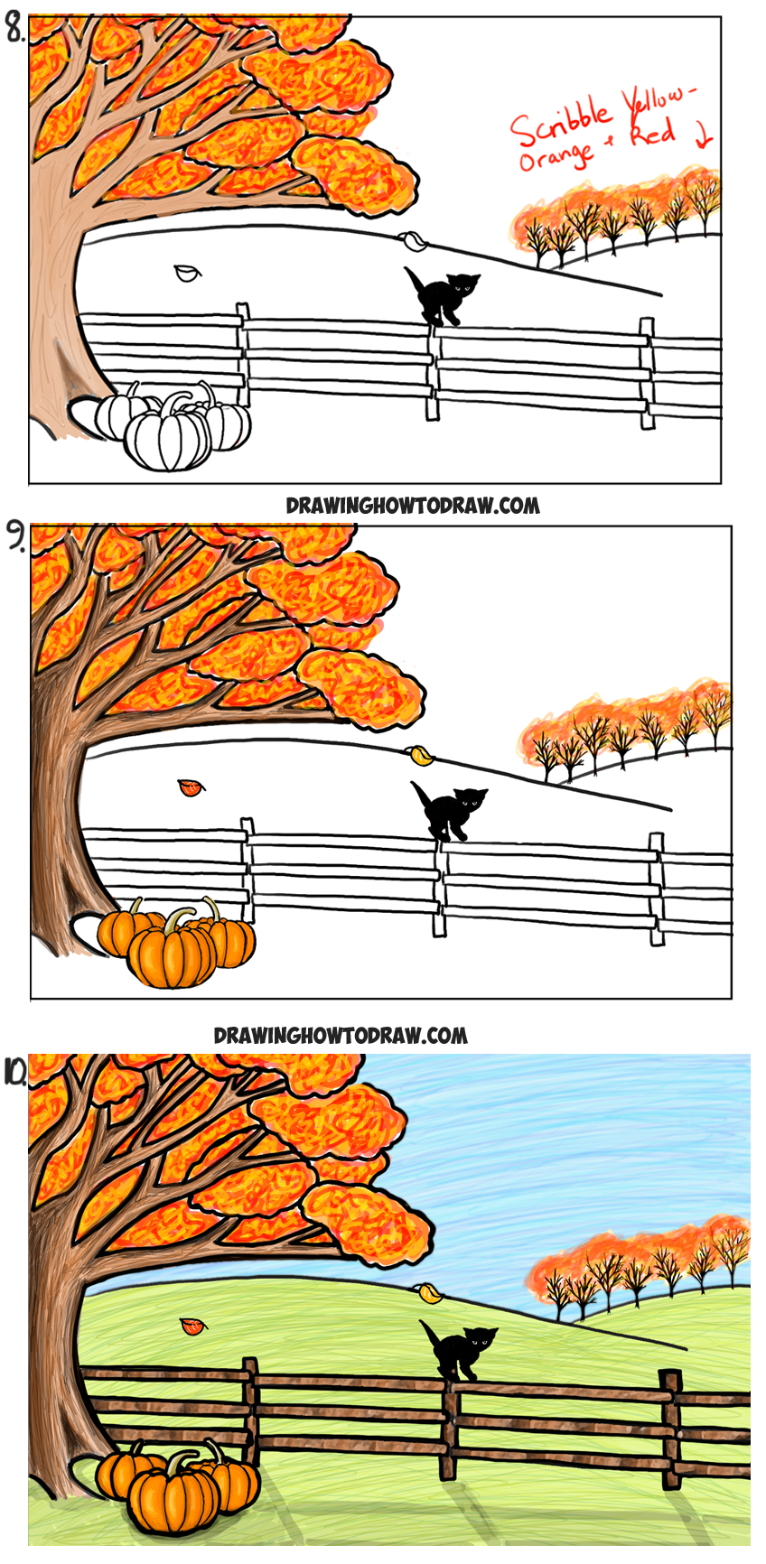 848x1732 how to draw an autumn fall scene step - Fall Drawing Pictures