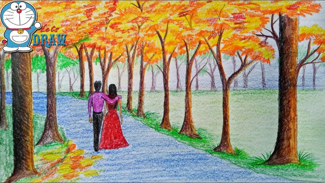 1280x720 How To Draw Scenery Of Autumn Season Step - Fall Scene Drawing