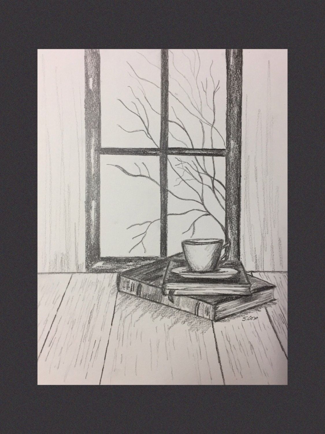 1125x1500 Original Graphite Drawing, Pencil Sketch, Still Life, Coffee - Fall Scene Drawing