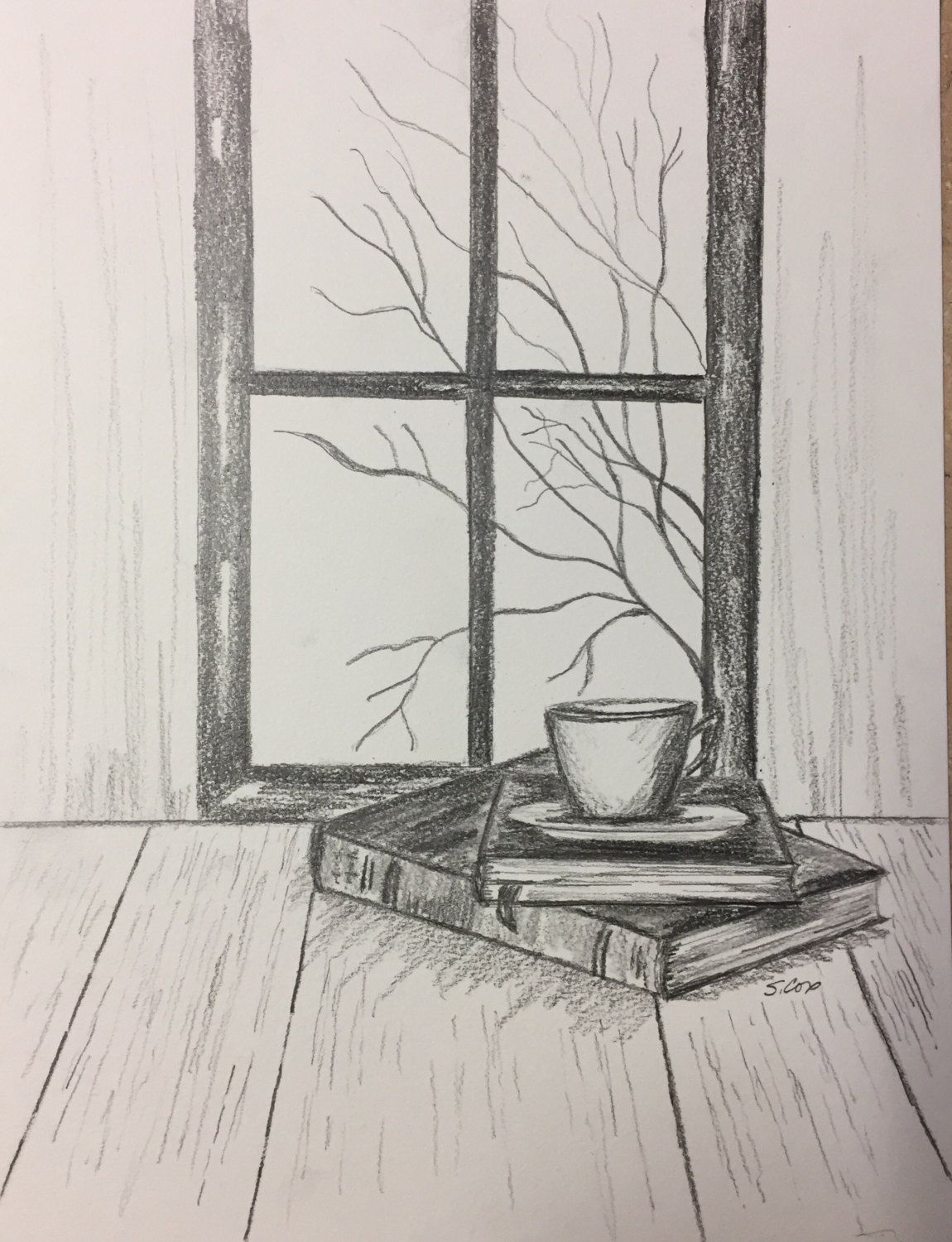 1150x1500 Pencil Drawing, Original Pencil Sketch, Still Life, Graphite - Fall Scene Drawing