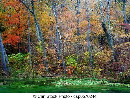 450x343 Autumn Leaves And Trees On River Beautiful Scene Of Missouri - Fall Scene Drawing