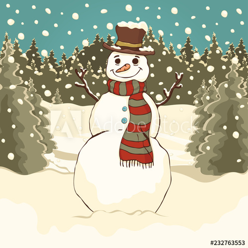 500x500 Funny Cute Snowman, Cartoon Colorful Drawing, Vector Illustration - Falling Snow Drawing