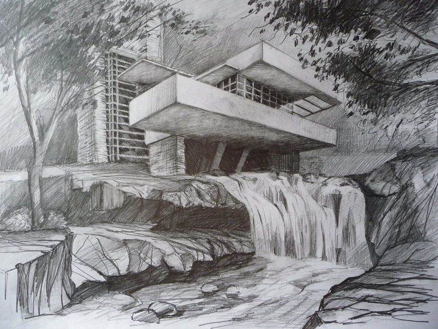 900x675 Falling Water The House Built - Falling Water Drawing