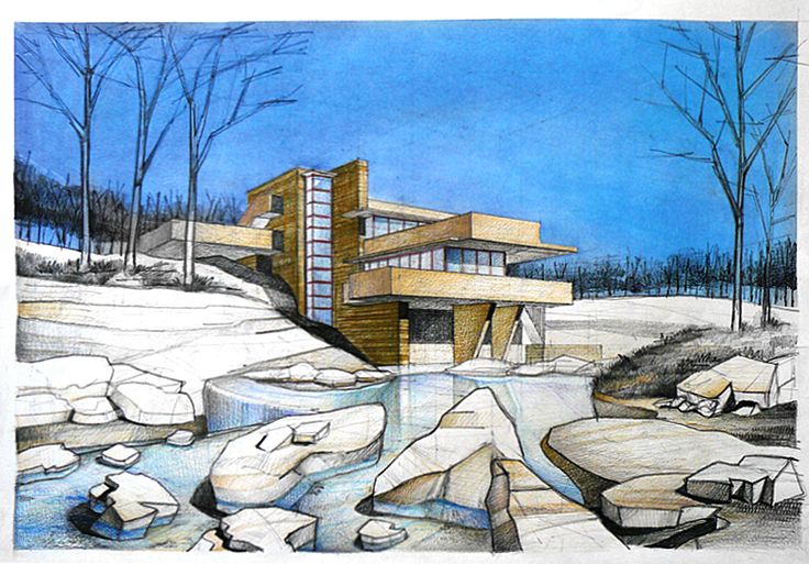 736x513 frank lloyd wright's falling water architectural drawing arch - Falling Water Drawing