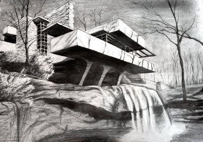 400x279 frank lloyd wright fallingwater drawing - Falling Water Drawing