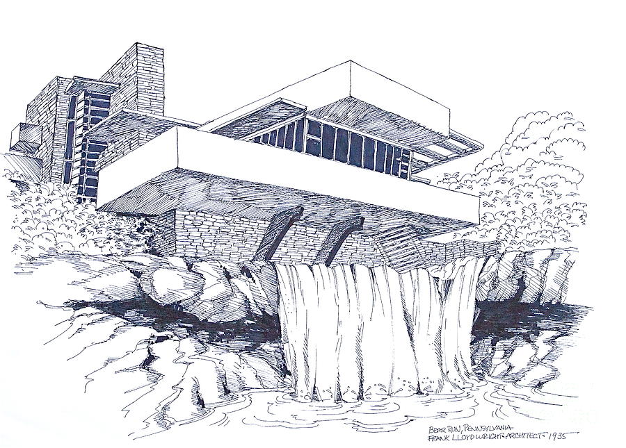 900x645 Frank Lloyd Wright Falling Water Architecture Drawing - Falling Water Drawing