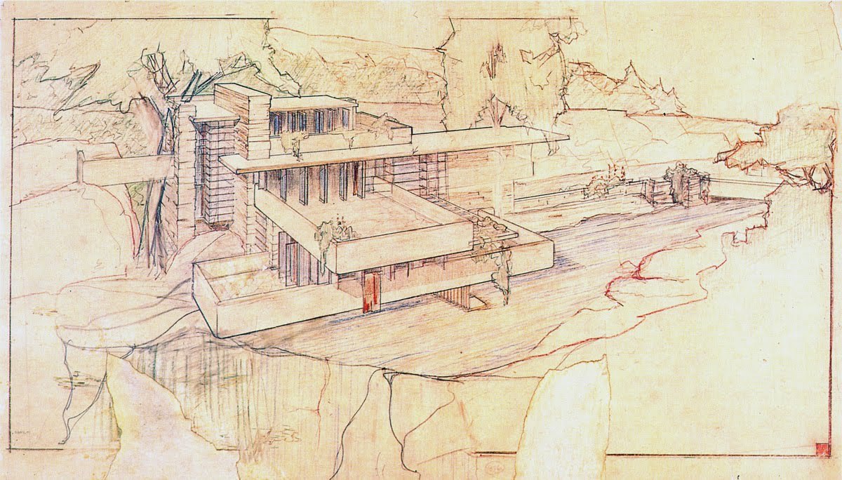 1200x684 Frank Lloyd Wright On Drawing - Falling Water Drawing