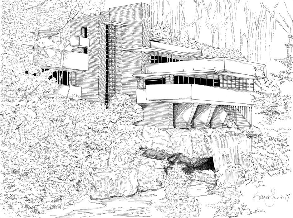 939x700 Falling Water Original - Falling Water Drawing