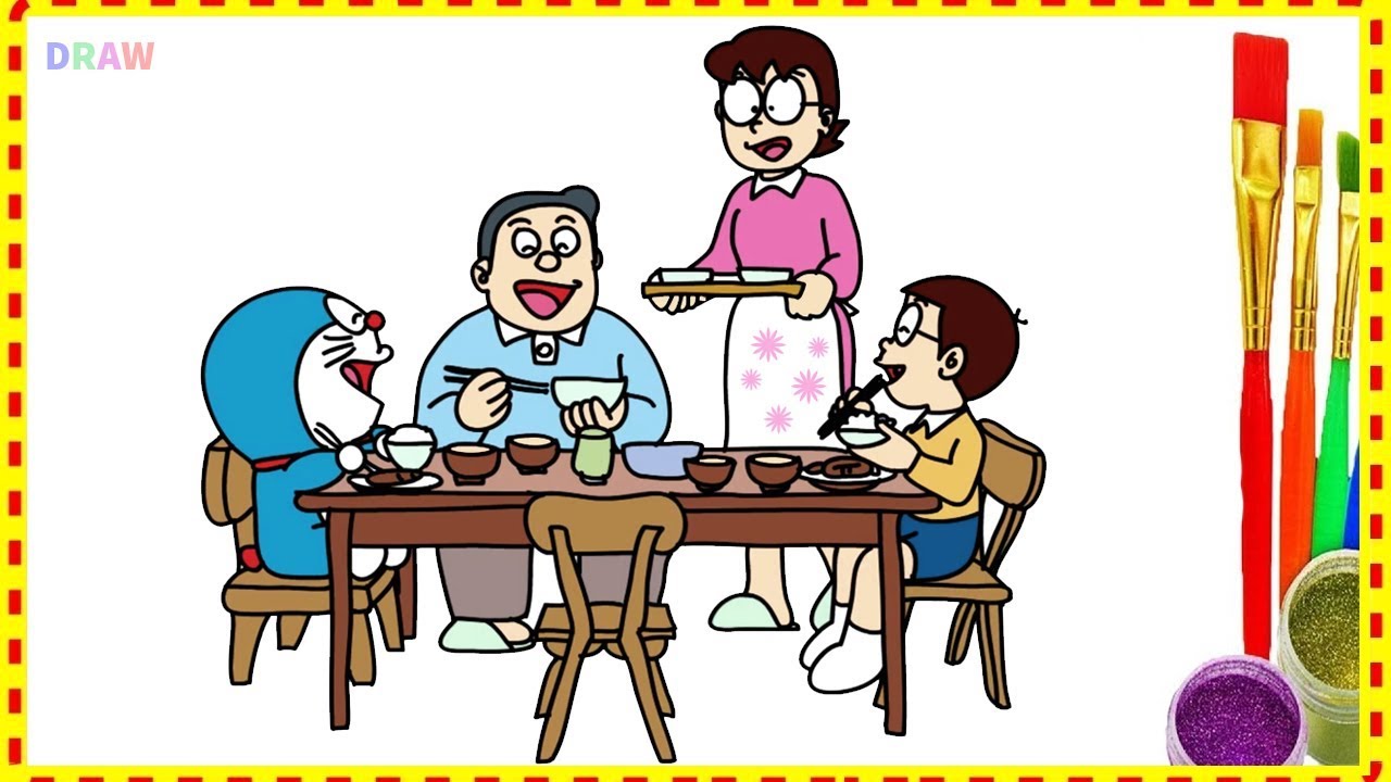 1280x720 Nobita's Dinner In Movie Coloring Pages Doraemon And Learn Drawing - Family Dinner Drawing