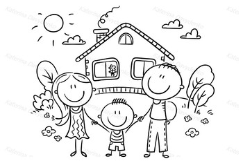 350x233 Happy Cartoon Family With One Child Near Their House With A Garden - Family Drawing Cartoon