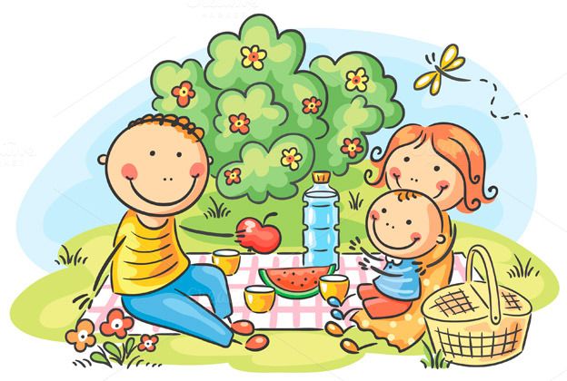 624x420 Cartoon Kinship Having Picnic Outdoor - Descent Picnic Drawing