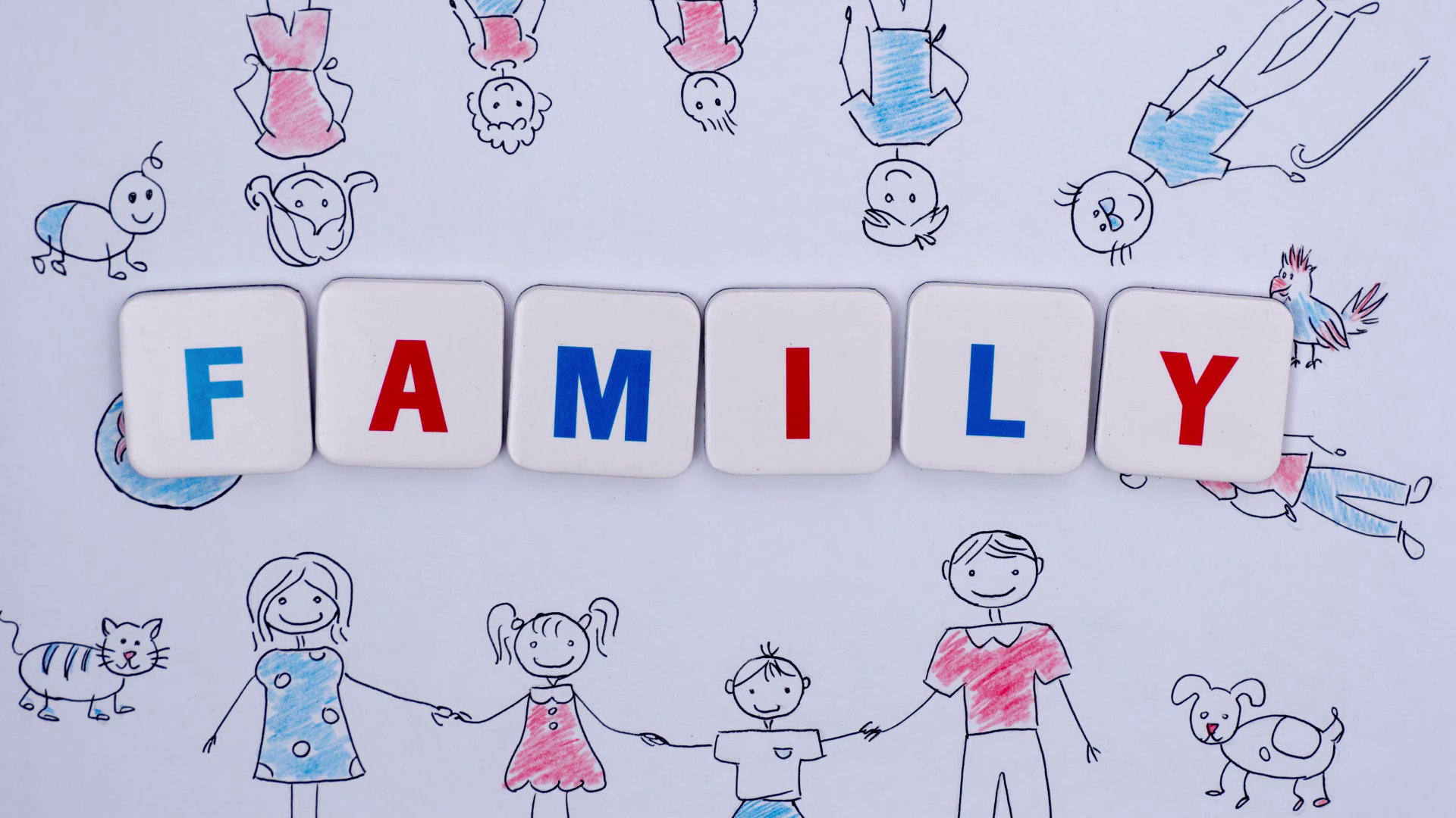 1920x1080 Word Family Over Background Of Children's Drawing Stop Motion - Family Picture Drawing