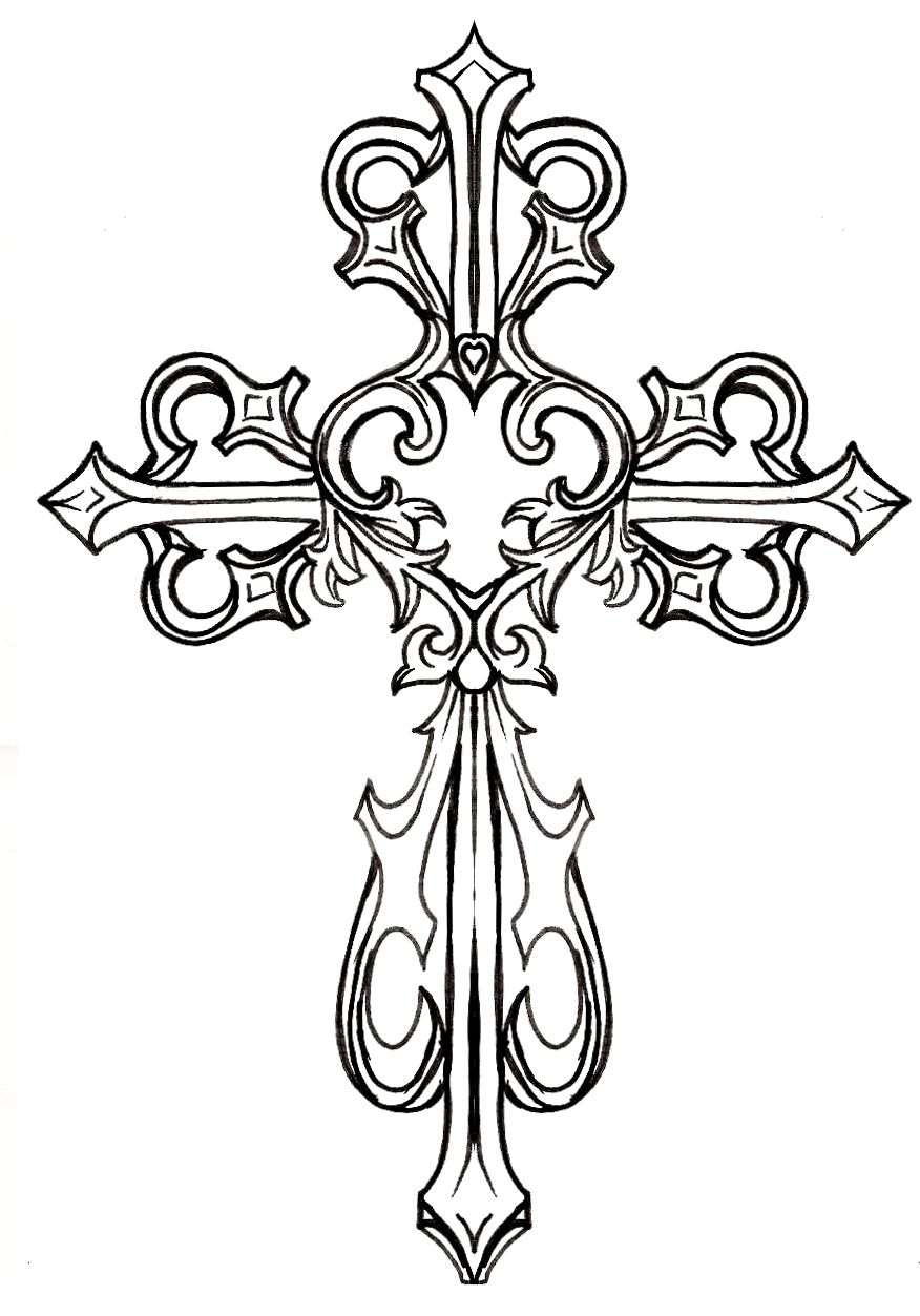 876x1253 Ornate Cross With Heart Tattoo - Fancy Cross Drawing