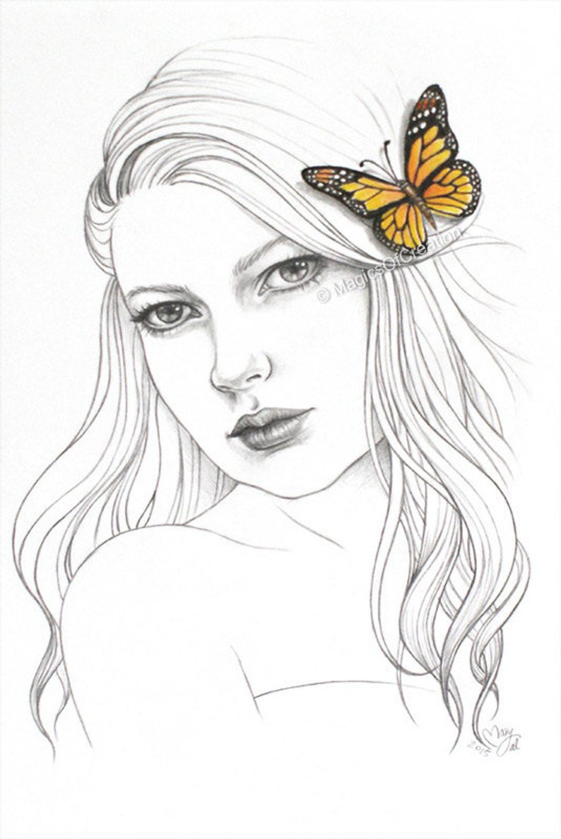 794x1187 Original Wall Art Fantasy Drawing Of A Girl And Butterfly Etsy - Fantasy Girl Drawing