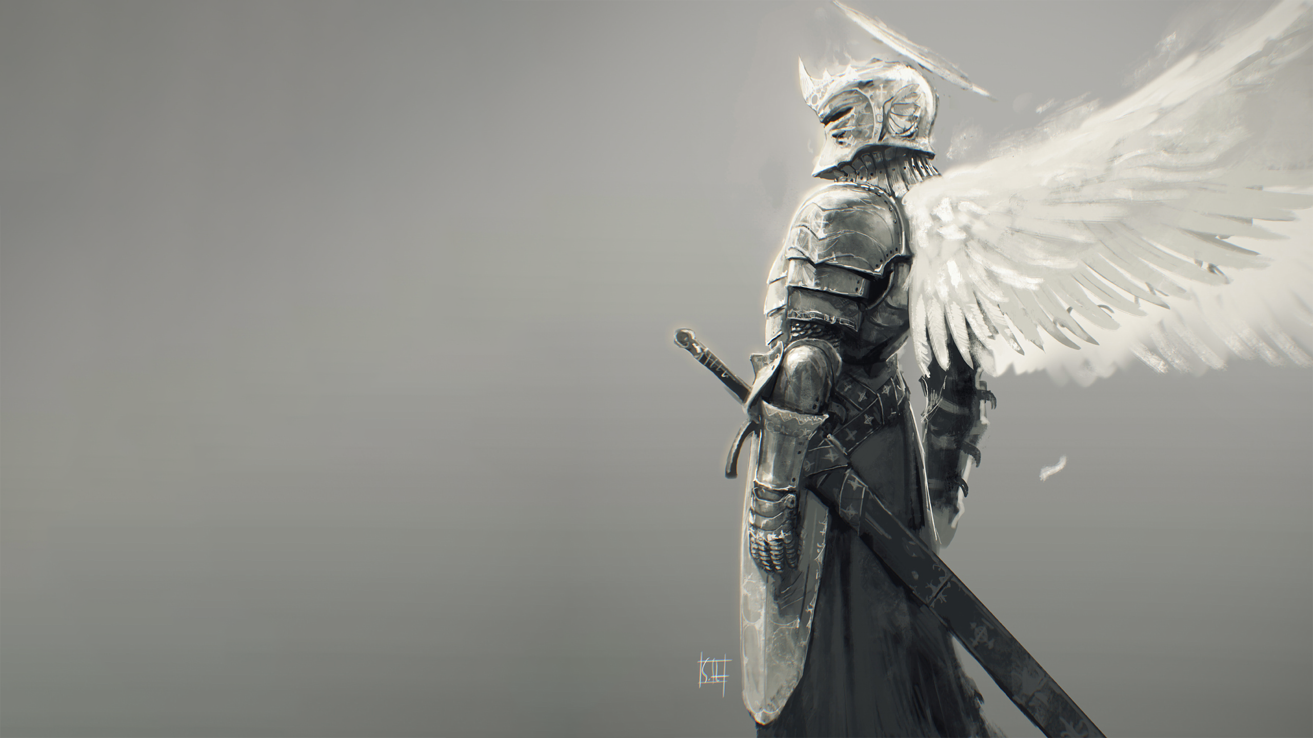 2560x1440 Wallpaper Drawing, Monochrome, Fantasy Art, Knight, Sword - Fantasy Knight Drawing