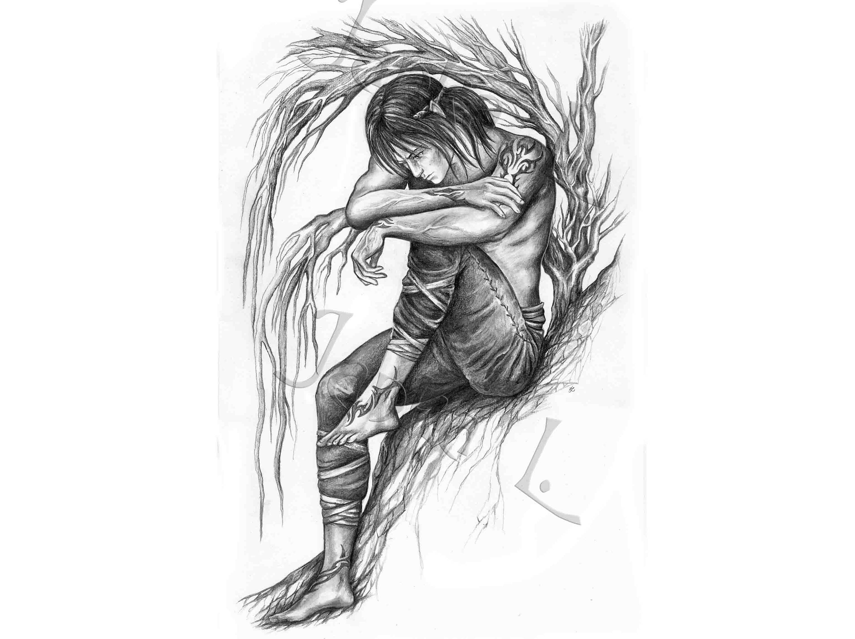 3000x2240 Sad Elf Original Drawing Elven Art Tree Drawing Graphite Etsy - Fantasy Tree Drawing