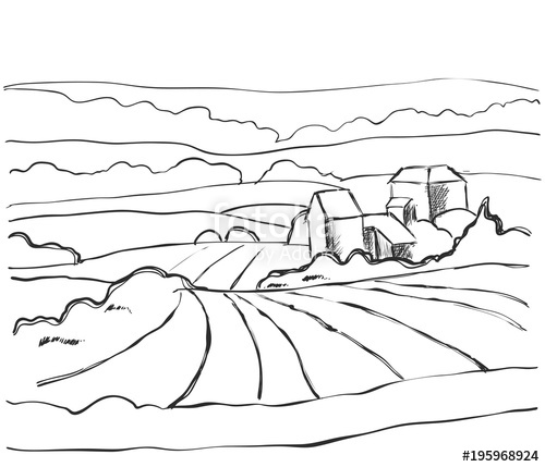 500x429 Farm Hills Drawing Landscape Sketch Field And House Stock - Farm Field Drawing