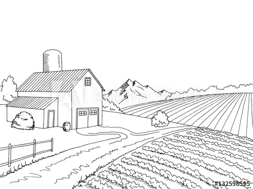 500x375 Farm Field Graphic Black White Sketch Illustration Vector - Farm Field Drawing