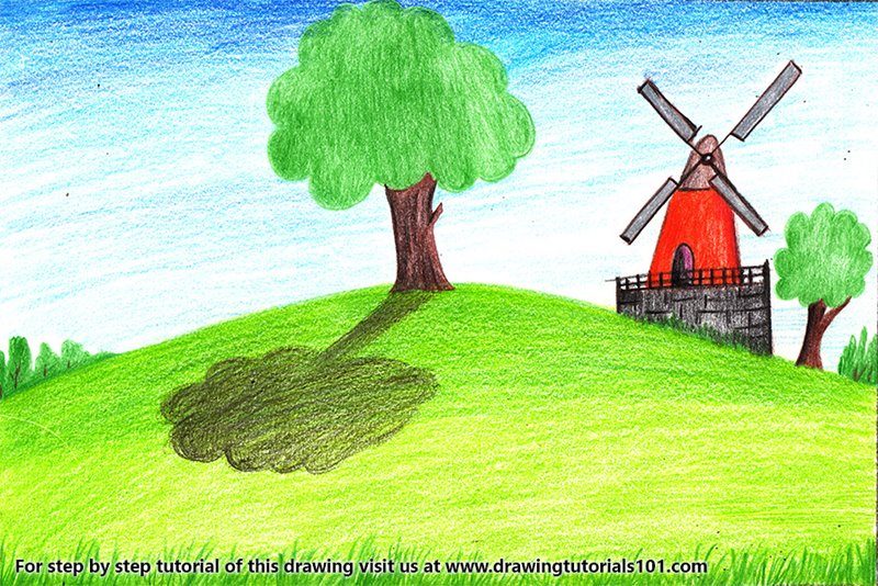 800x534 Farm Windmill Landscape Colored Pencils - Farm Landscape Drawing