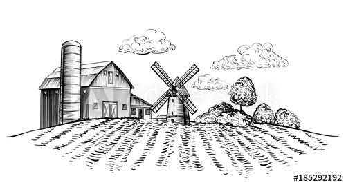 500x268 farm barn and windmill on agricultural field on background trees - Farm Landscape Drawing