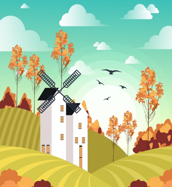 552x600 Farm Landscape Drawing Windmill Field Icons Colored Cartoon Free - Farm Landscape Drawing