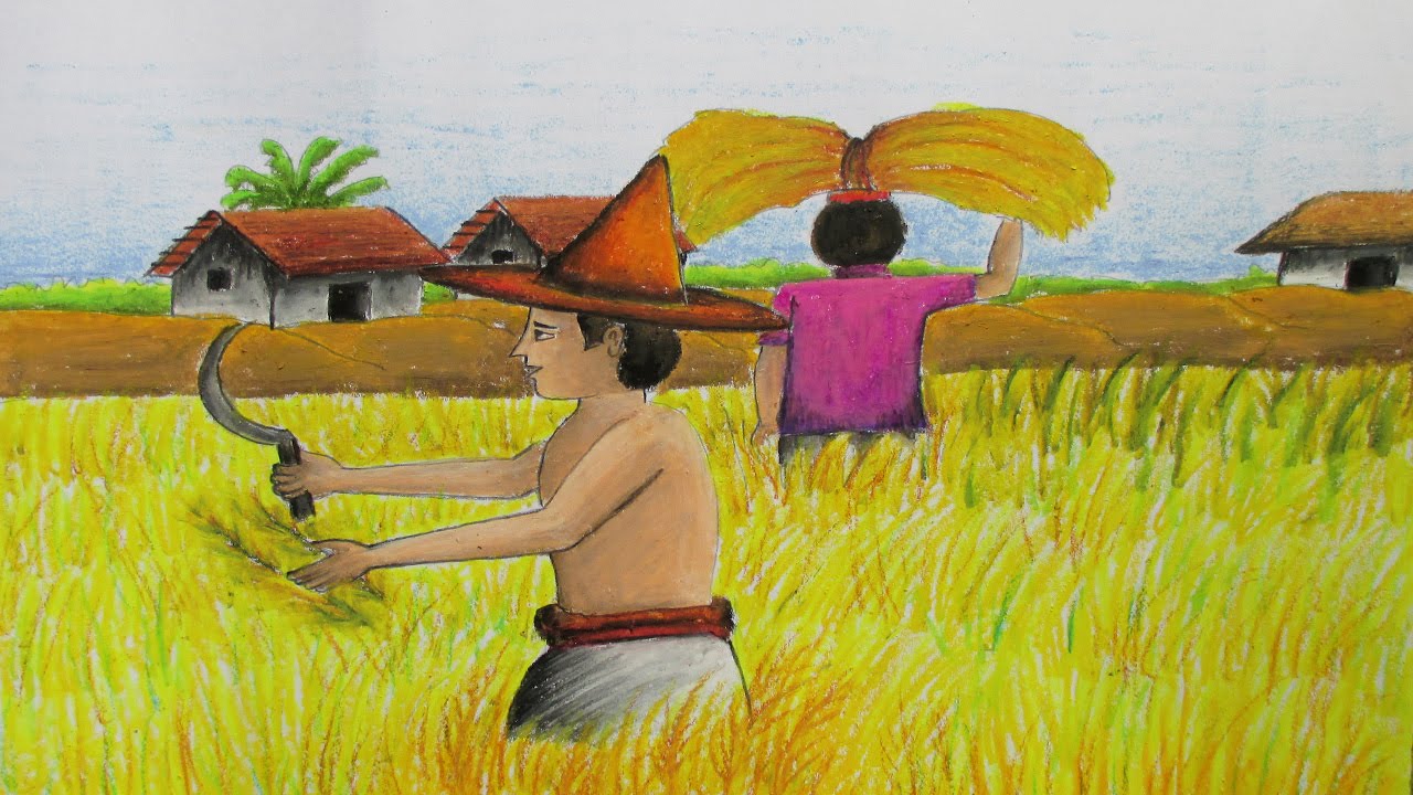 1280x720 how to draw a village landscape where farmers harvesting paddy - Farm Landscape Drawing