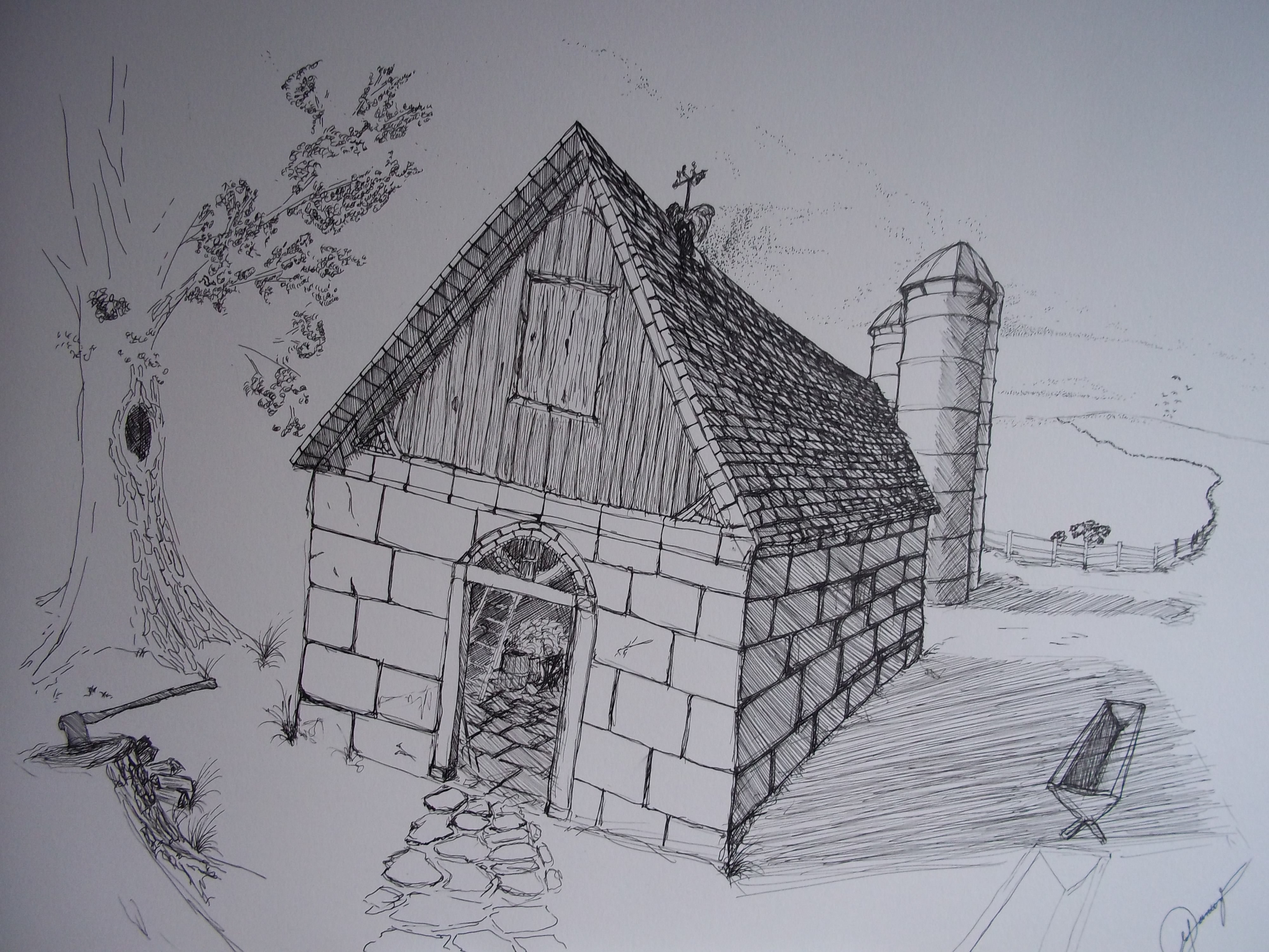 4000x3000 Pen And Ink Farm Scene, Landscape Drawing Colorfullights - Farm Scene Drawing