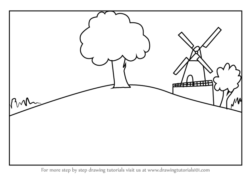 800x566 Learn How To Draw A Farm Windmill Landscape - Farm Windmill Drawing