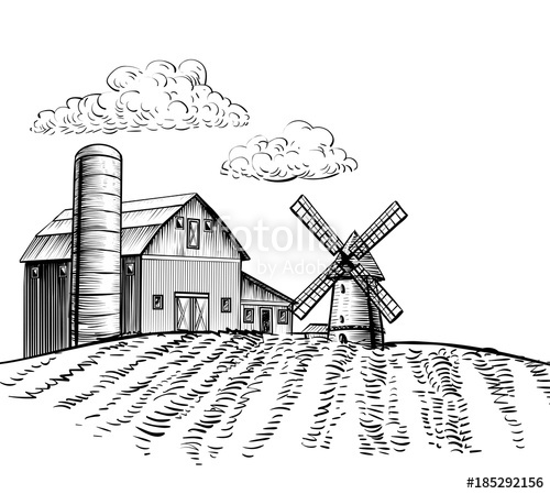 500x449 windmill on agricultural field on background trees and rural - Farm Windmill Drawing