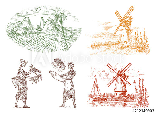 500x366 cocoa or coffee plantation vintage farm and landscape - Farm Windmill Drawing