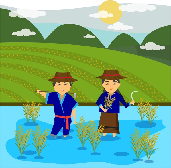600x589 Asian Farmers Drawing Design With Rice Field Free Vector In Adobe - Farmer Cartoon Drawing