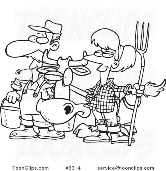 581x600 cartoon black and white line drawing of a farmer couple with a cow - Farmer Cartoon Drawing