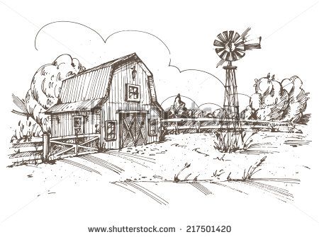 450x335 hand drawn illustration of farmhouse no transparency no - Farmhouse Drawing