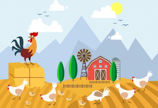 600x412 Farmland Drawing Chicken Icons Colored Cartoon Design Free Vector - Farmland Drawing