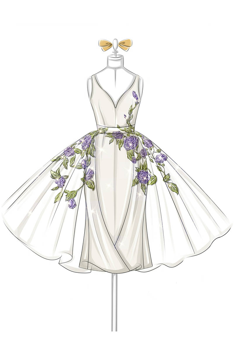 800x1200 Fashion Illustration Of Floral Embroidered V Neck Organza - Fashion Drawing