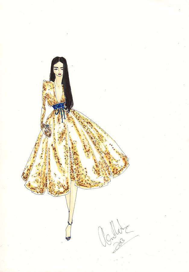 627x900 Fashion Illustration Gold Sequin Dress Drawing - Fashion Dress Drawing