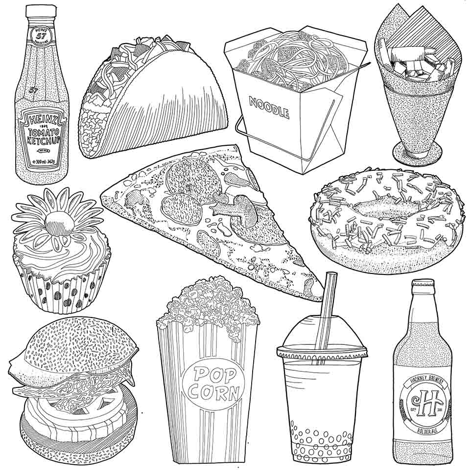 962x973 Fruit And Fast Food Detailed Drawings - Fast Food Drawing