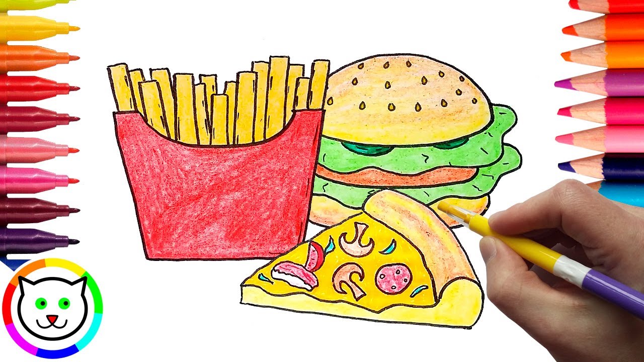 1280x720 How To Draw Pizza, Hamburger, French Fries Coloring Pages Fast - Fast Food Drawing