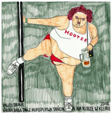 375x380 Fat Woman With A Mug Of Beer Dancing On The Pole In The Club - Fat Woman Drawing