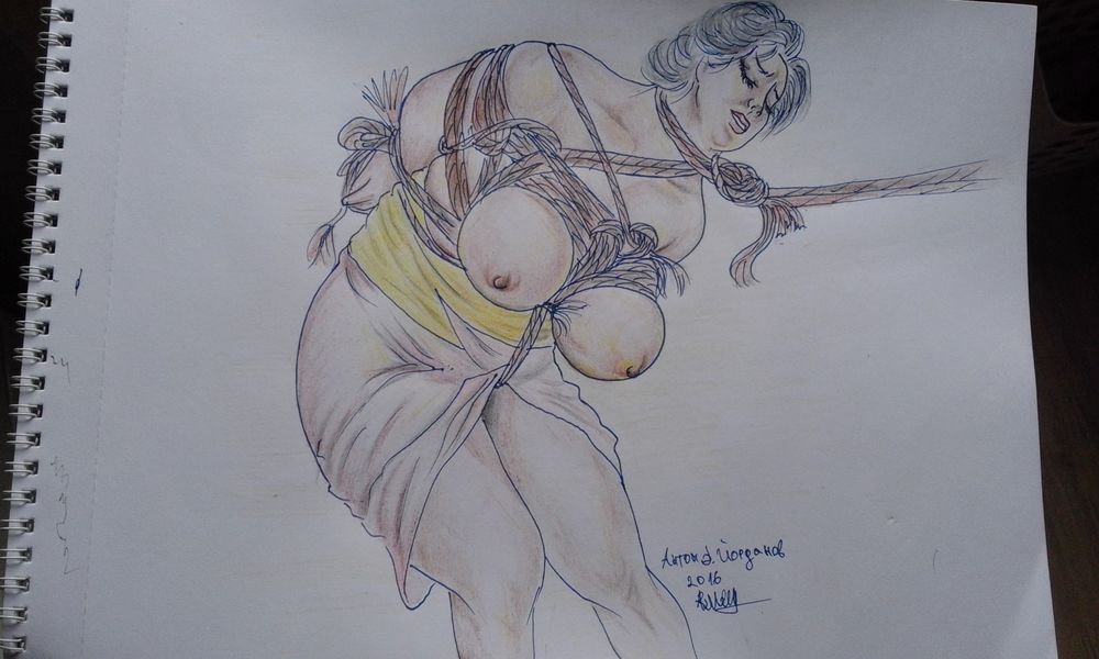 1000x600 japanese color pencil drawing erotic kinbaku bondage lady fat - Fat Woman Drawing