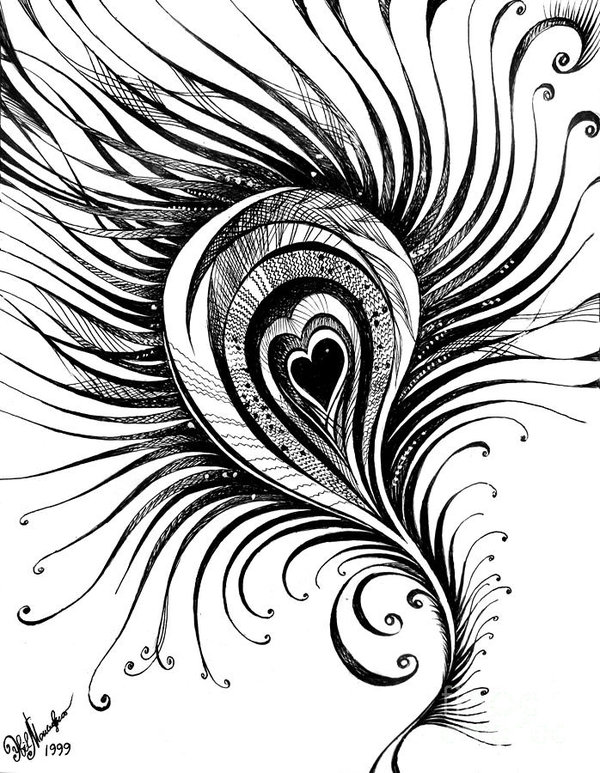 600x773 Peacock Feather Black White Drawing Art Print - Feather Drawing Images